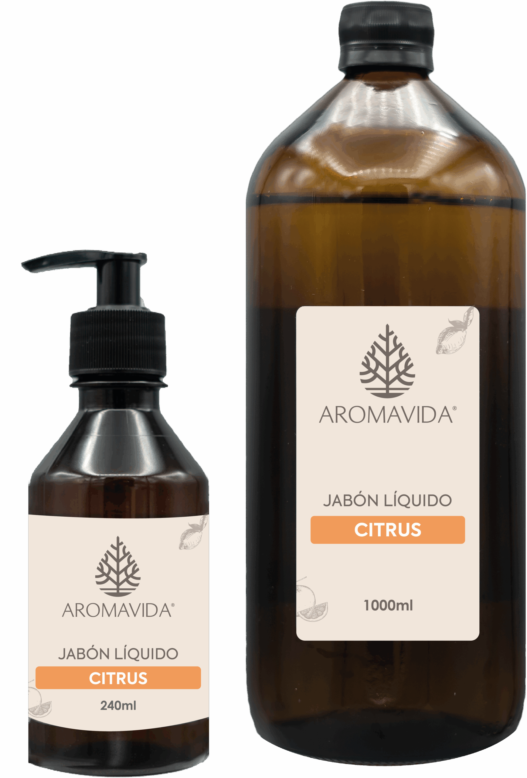 Jabón Líquido Citrus de Aromavida: fórmula natural y vegana que limpia suavemente, hidrata y deja un aroma fresco y energizante.